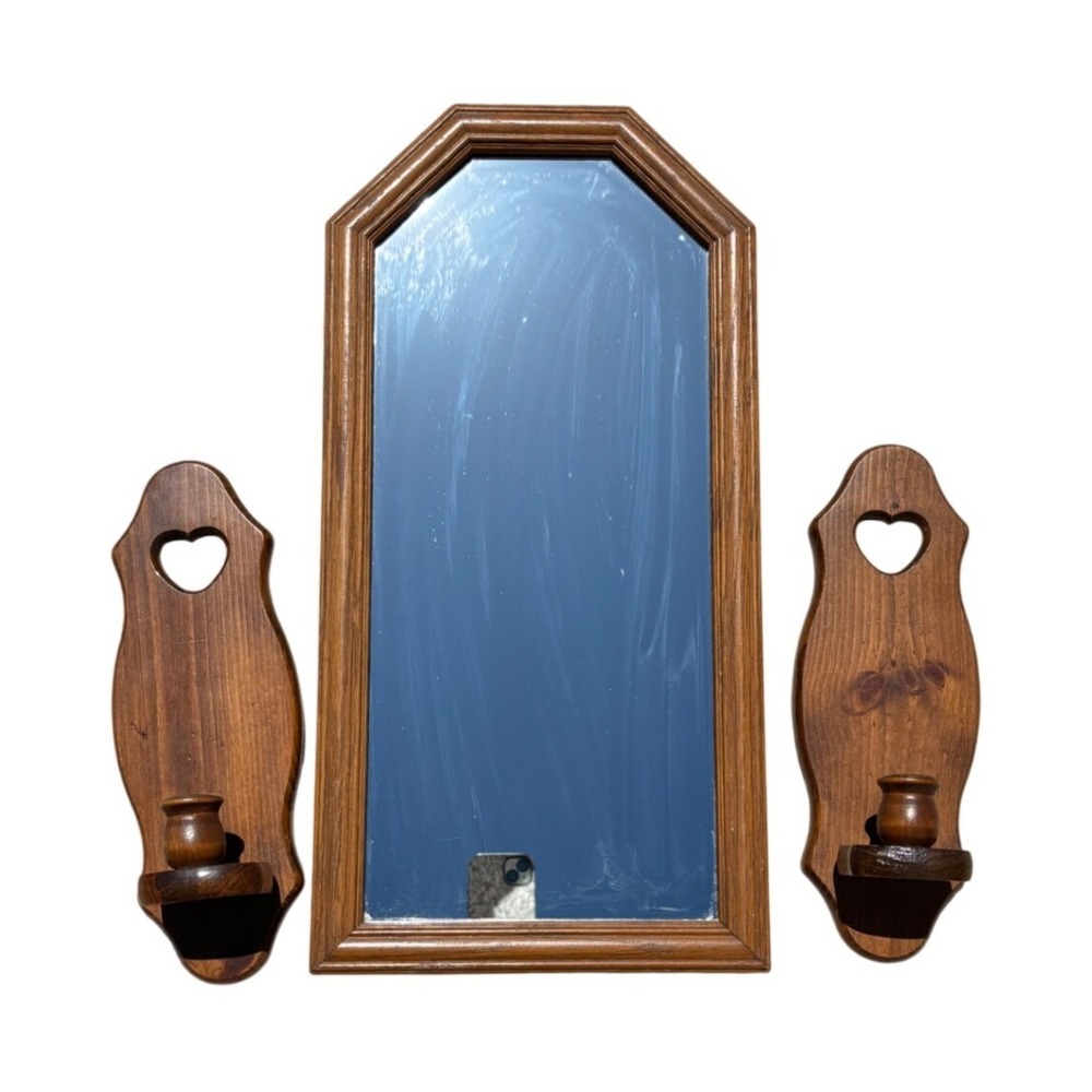 Vintage Wood Mirror‎ Heart Sconce Set 3 Piece Rustic Wall Decor Brown Cottage